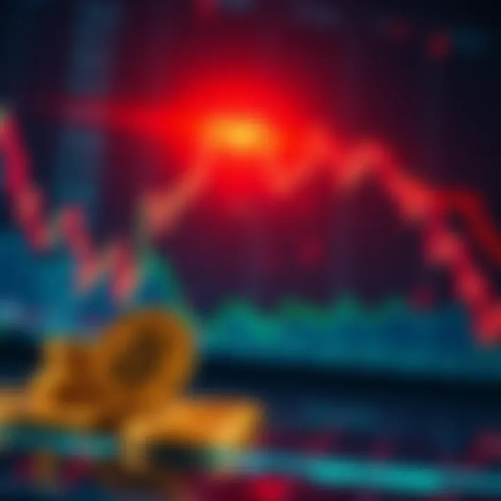 A declining crypto graph and falling gold prices with rising stock market trends in the background