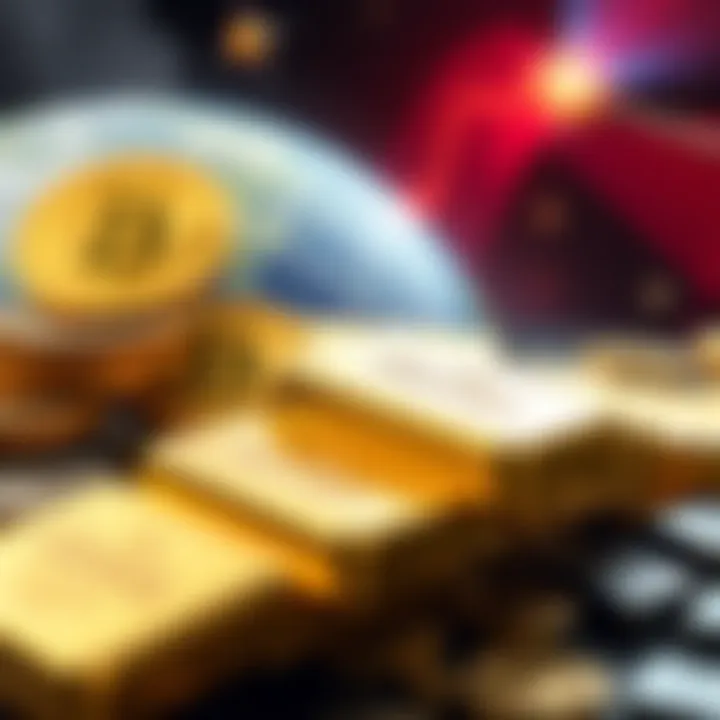 A visual contrast of cryptocurrency symbols and gold bars, representing safe investment options amid potential global conflict.