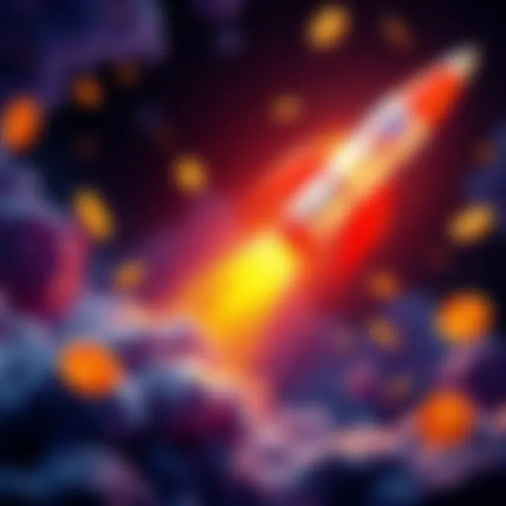 Crypto Growth A vibrant rocket symbolizing the rise of cryptocurrency with coins floating around it, representing market excitement and community engagement.