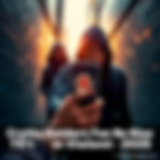 A frightened person holding a smartphone with cryptocurrency symbols, being approached by a suspicious figure in a dark alley.