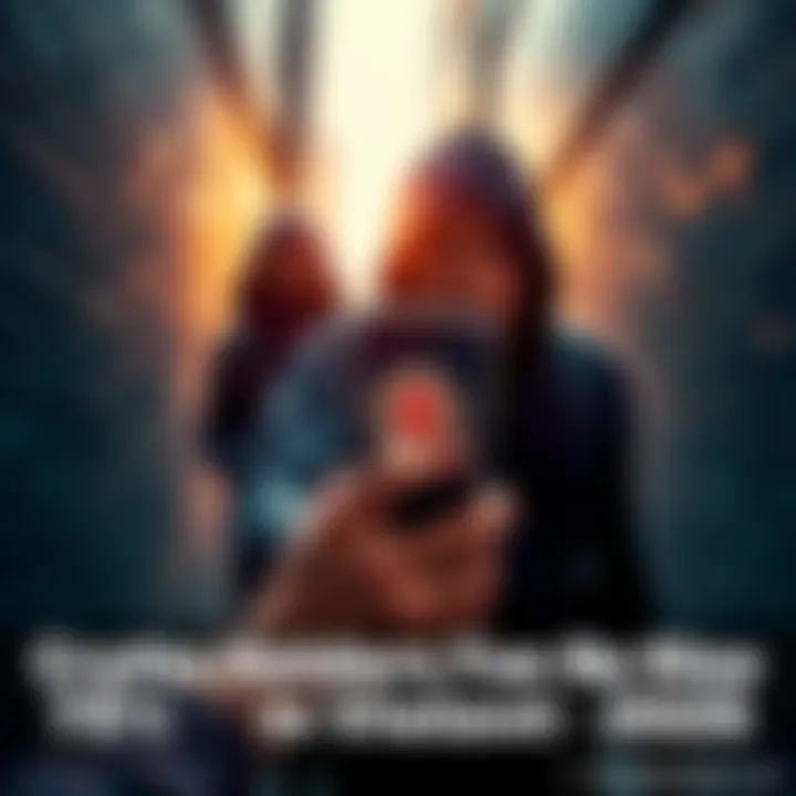 A frightened person holding a smartphone with cryptocurrency symbols, being approached by a suspicious figure in a dark alley.