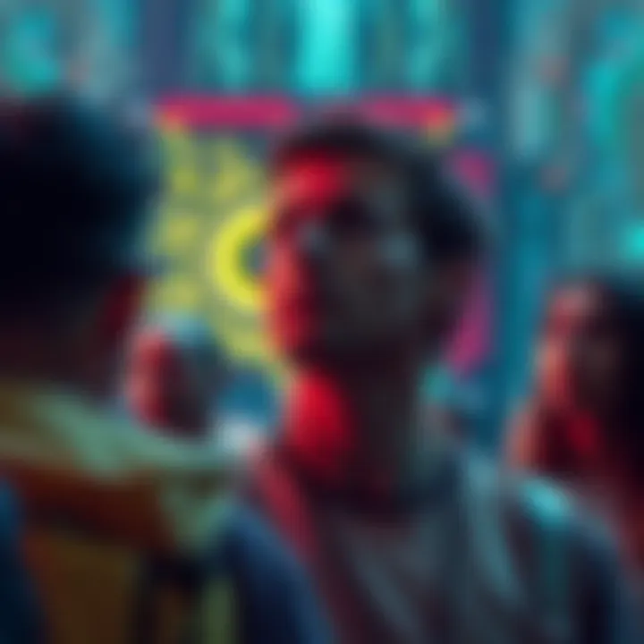 A group of crypto holders looking anxious while a quantum computer looms in the background symbolizing security threats.