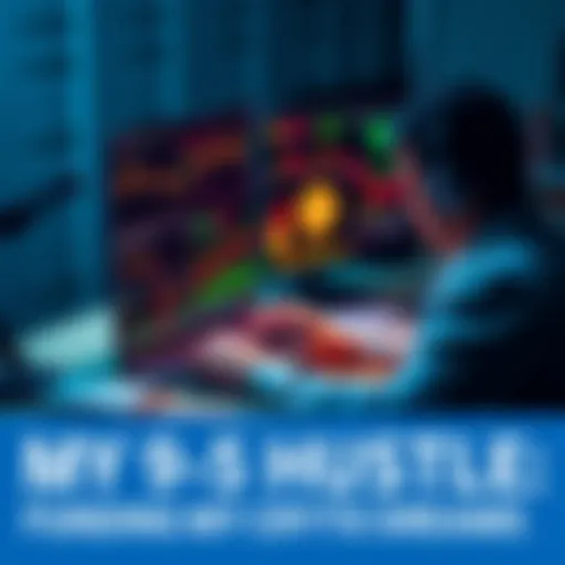 Individual at a desk, balancing work tasks and cryptocurrency investments with charts and digital money images on the screen