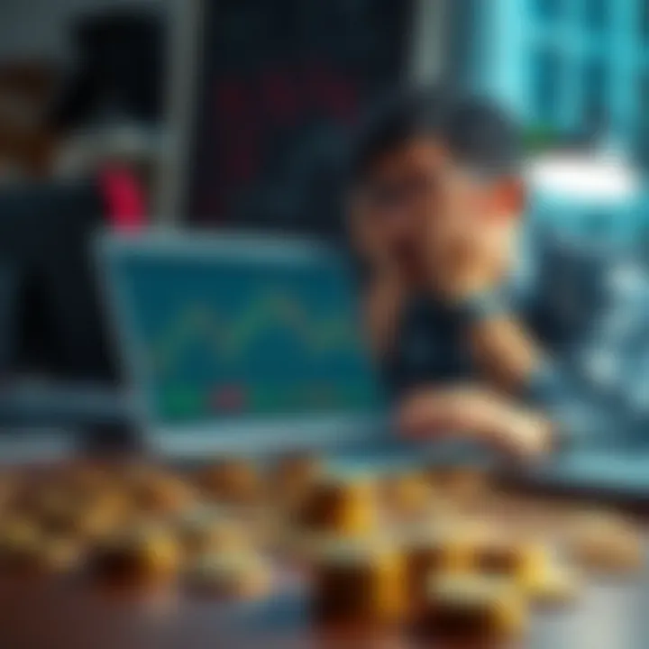 A person looking frustrated while checking cryptocurrency market charts on a laptop, with coins scattered on the desk, symbolizing the effort behind passive income.