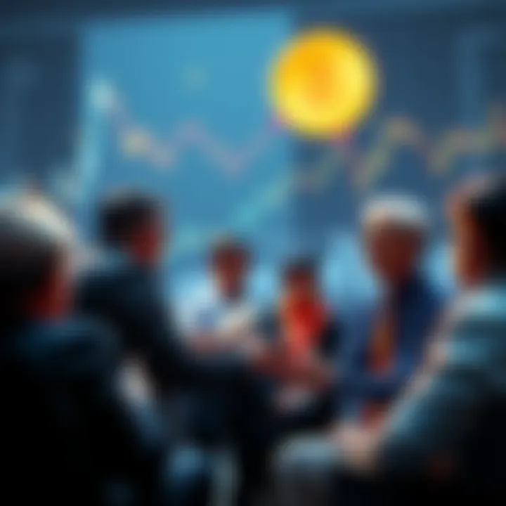 A group of people discussing cryptocurrency and inflation with charts and graphs in the background