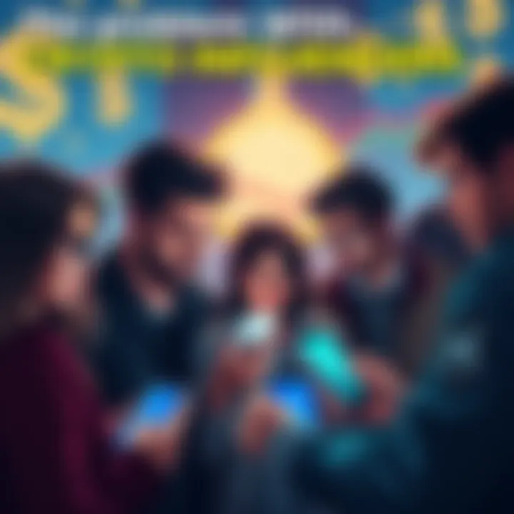 A group of people looking at misleading cryptocurrency charts on their phones, with confused expressions and dollar signs in the background.