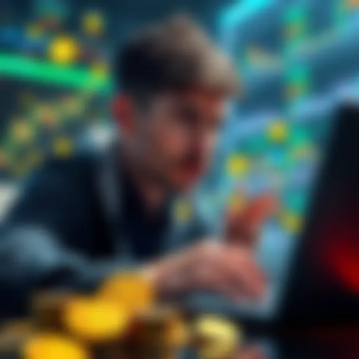 A person analyzing cryptocurrency charts on a laptop with a puzzled expression, surrounded by digital coins