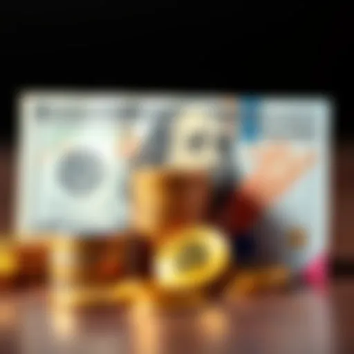 A stack of various cryptocurrency coins next to a $200 cash note, symbolizing investment opportunities in crypto.