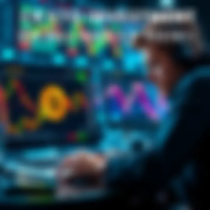 A trader looking worried while analyzing cryptocurrency charts on a laptop, with Bitcoin logo visible