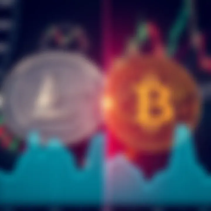 Cryptocurrency Investment Choices A split image showing Litecoin and Bitcoin logos with a graph indicating market trends, representing investment decision-making in cryptocurrency.