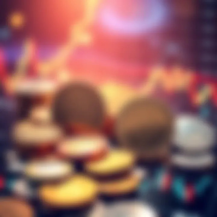 An illustration of popular cryptocurrencies like $ETH and $SOL with graphs showing market trends and investment potential.