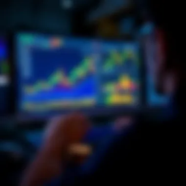 A person looks at a computer screen displaying cryptocurrency charts and graphs, with coins in the foreground, symbolizing the investment in digital currencies.
