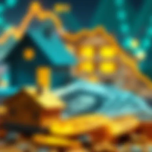 A graphic showing a downward trend in cryptocurrency investments with cash and tangible assets like houses and gold coins in the foreground.