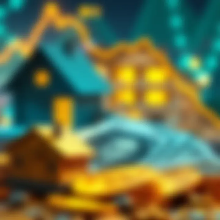 A graphic showing a downward trend in cryptocurrency investments with cash and tangible assets like houses and gold coins in the foreground.