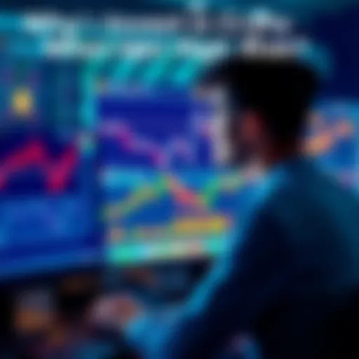 A person looking at a computer screen with stock market graphs and cryptocurrency symbols, pondering investment choices.