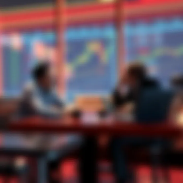 Investors considering XRP trading strategy Two people discussing cryptocurrency investments, focusing on XRP trading strategies at a table with charts and laptops