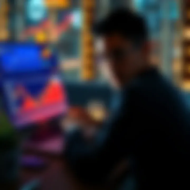 A person studying cryptocurrency on a laptop with charts and graphs displayed