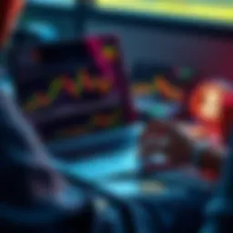 A person looking at cryptocurrency charts on a laptop, with coins and a notebook nearby