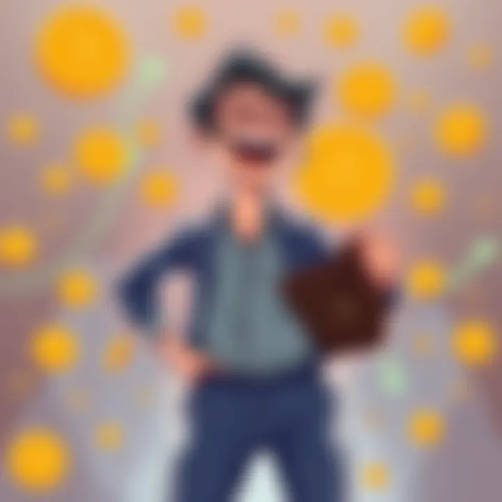A cartoonish depiction of a person laughing while holding a wallet with empty pockets, surrounded by fluctuating cryptocurrency symbols, illustrating the unpredictable nature of crypto investments.