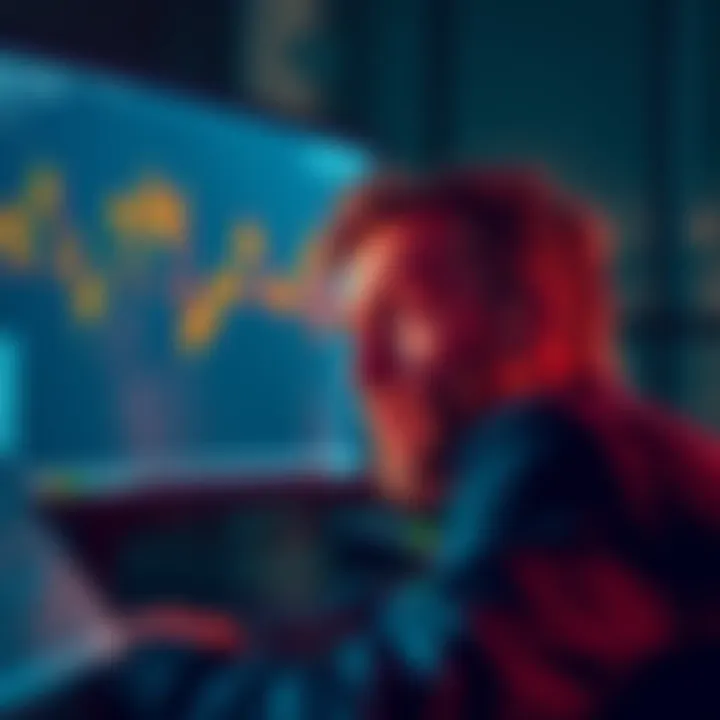 A worried individual gazes at a computer screen displaying a volatile cryptocurrency graph, reflecting the emotional highs and lows of an investment journey in $KAS.