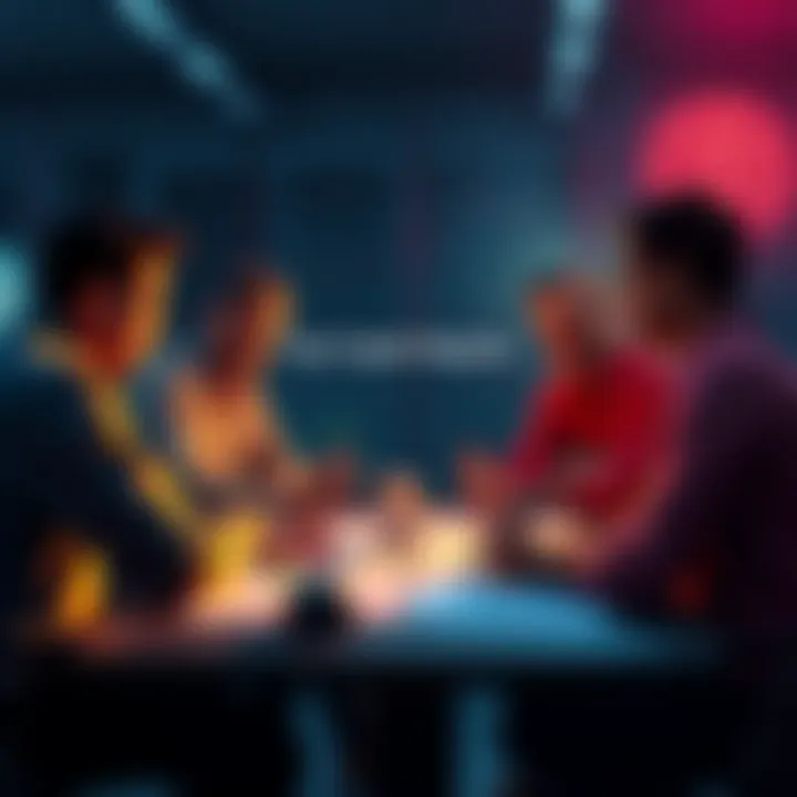 A group of people discussing their crypto investment experiences around a table with charts and graphs