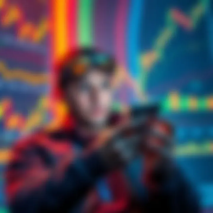 Crypto Investment Risks A person looking concerned while scrolling through trending cryptocurrency news on a smartphone, surrounded by colorful graphs and charts indicating market fluctuations.