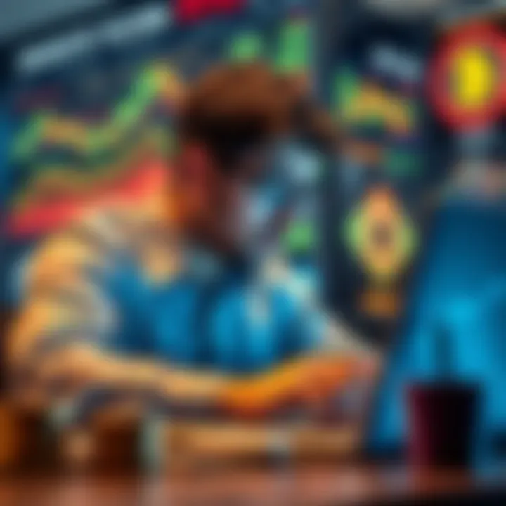 Crypto Investment Strategies An investor analyzing various cryptocurrencies on a laptop, looking concerned about their portfolio, with graphs and charts displayed on the screen.