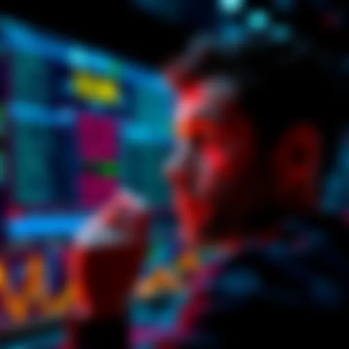 A person looking at a digital display of cryptocurrency prices with a thoughtful expression, symbolizing decisions to buy, sell, or hold.