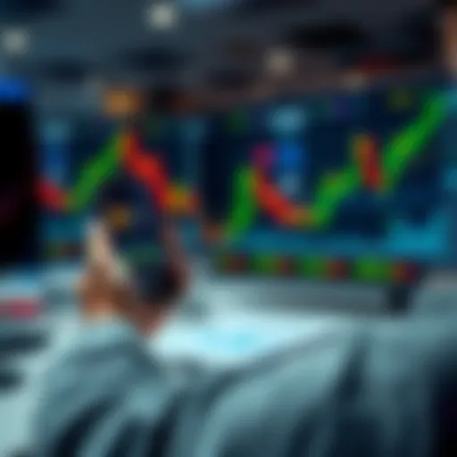 A person holding a smartphone displaying cryptocurrency prices, contemplating investment decisions while sitting at a desk with financial charts and graphs in background.