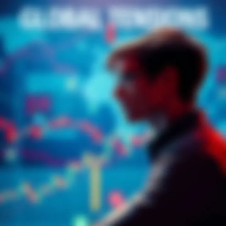A person contemplating cryptocurrency investment with a backdrop of a world map and financial graphs, symbolizing global tensions