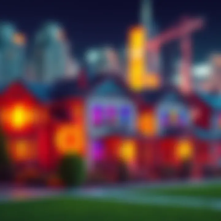 A graphic showing cryptocurrency symbols alongside houses, representing the integration of crypto into the housing market.
