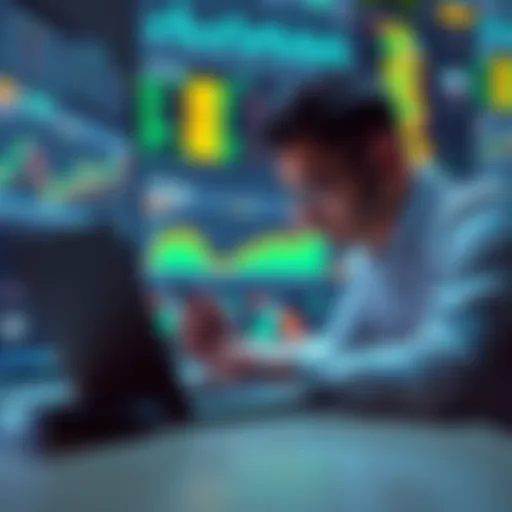 A person examining digital charts and graphs on a laptop, overwhelmed by information related to cryptocurrency investing.