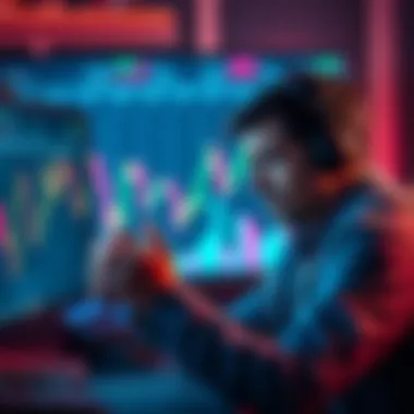 A distressed cryptocurrency investor looking at falling charts on a computer screen, representing financial loss in the crypto market.