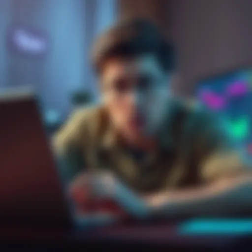 A stressed crypto investor checking their tax bill, looking worried and surprised, with a laptop displaying financial graphs in the background.