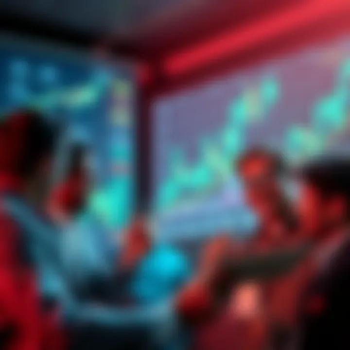 Crypto Investors Buying the Dip A group of enthusiastic investors analyzing cryptocurrency trends during a market dip, with charts and graphs in the background.