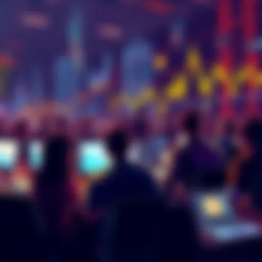 A group of people discussing cryptocurrency on forums while surrounded by charts and graphs, reflecting their focus on online discussions over enjoying their wealth.