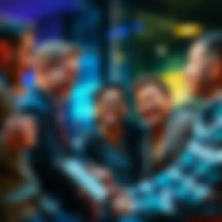 Group of crypto investors discussing and laughing about their favorite microcap investments in a casual setting