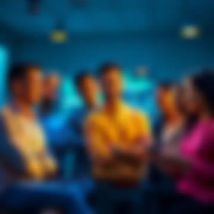 A diverse group of people confidently discussing their cryptocurrency investments despite market challenges, showcasing optimism and determination