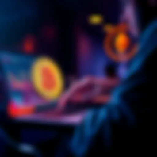 A person analyzing cryptocurrency trends on a laptop with Bitcoin and Ethereum symbols in the background.