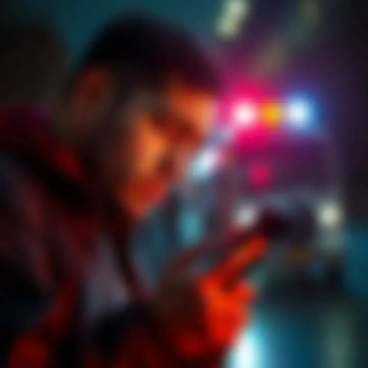 A worried crypto investor looking at their phone with police lights in the background, symbolizing the threat of kidnappings targeting cryptocurrency holders.