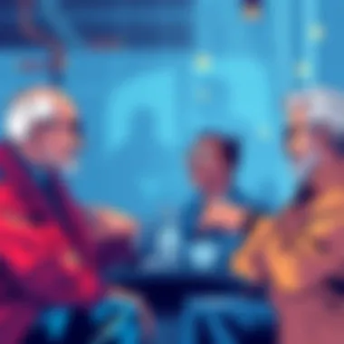 Illustration of cryptocurrency leaders discussing ethical practices with a focus on Charlie Lee of Litecoin, showcasing contrasting values in the industry.