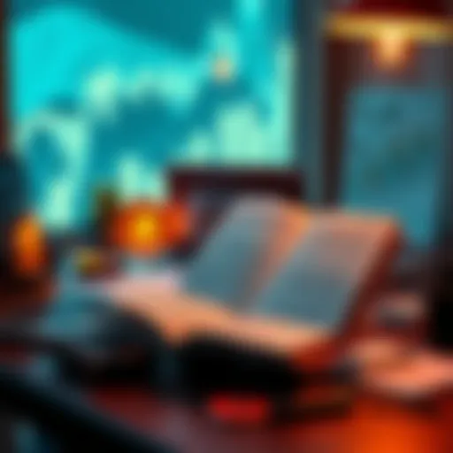 A beginner reading a book about cryptocurrency and Bitcoin with a laptop and notes on a desk.