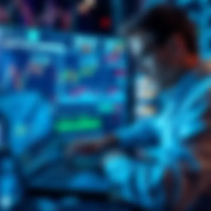 A person reviewing crypto lending options on a laptop, with financial charts and crypto symbols on the screen.