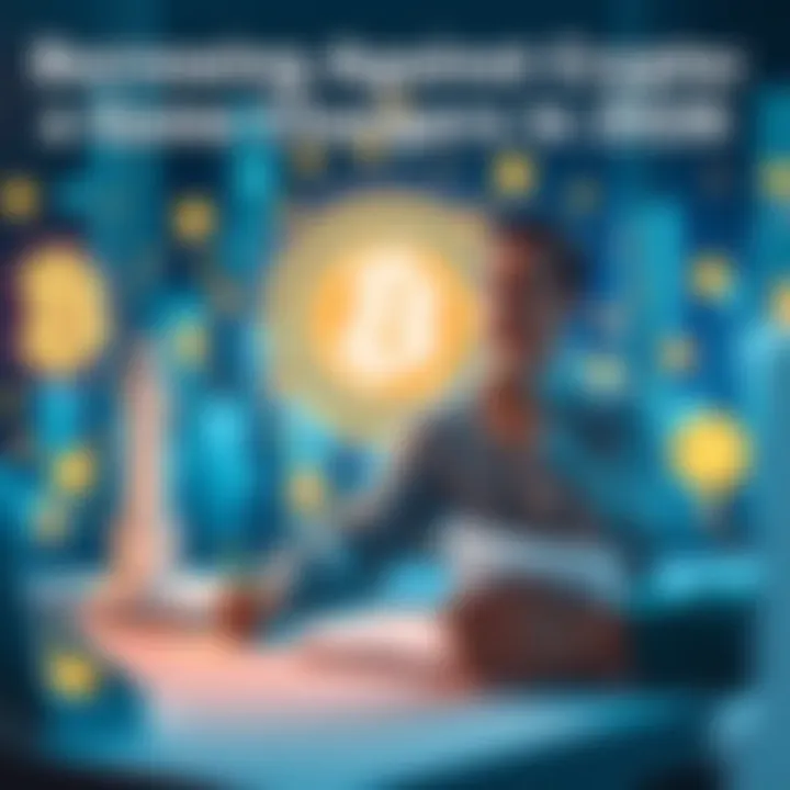 A person contemplating crypto loans with digital currency symbols in the background and loan documents on a table.