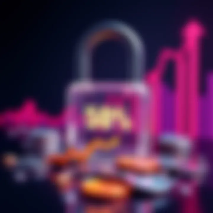 A visual representation of a digital lock symbolizing a 50% lockup period in cryptocurrency projects, with coins and a graph depicting long-term investment growth in the background.