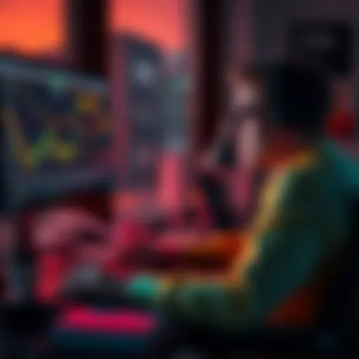 A person sits at a desk, looking at a computer screen displaying falling cryptocurrency graphs, showing signs of stress and contemplation.