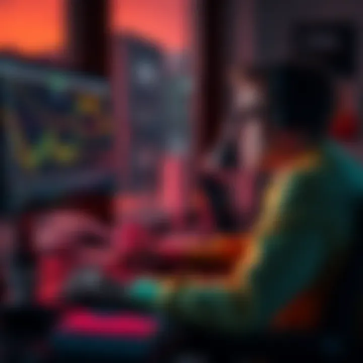 A person sits at a desk, looking at a computer screen displaying falling cryptocurrency graphs, showing signs of stress and contemplation.