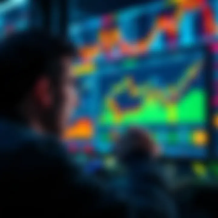 A person looking at a computer screen displaying cryptocurrency trends and graphs