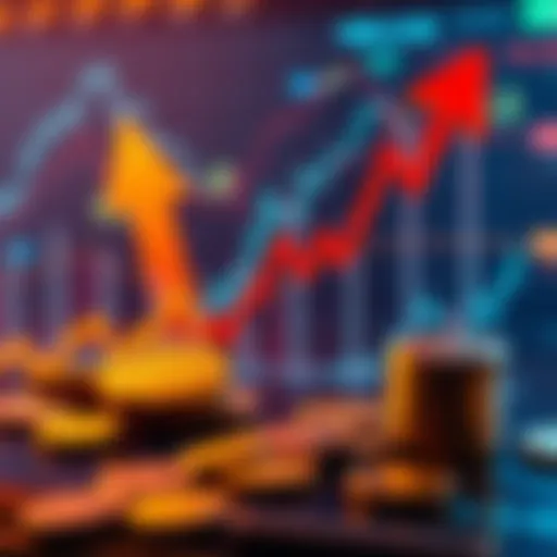 A chart showing the fluctuating value of Bitcoin with arrows indicating rising and falling trends, alongside dollar signs and coins to represent market dynamics.