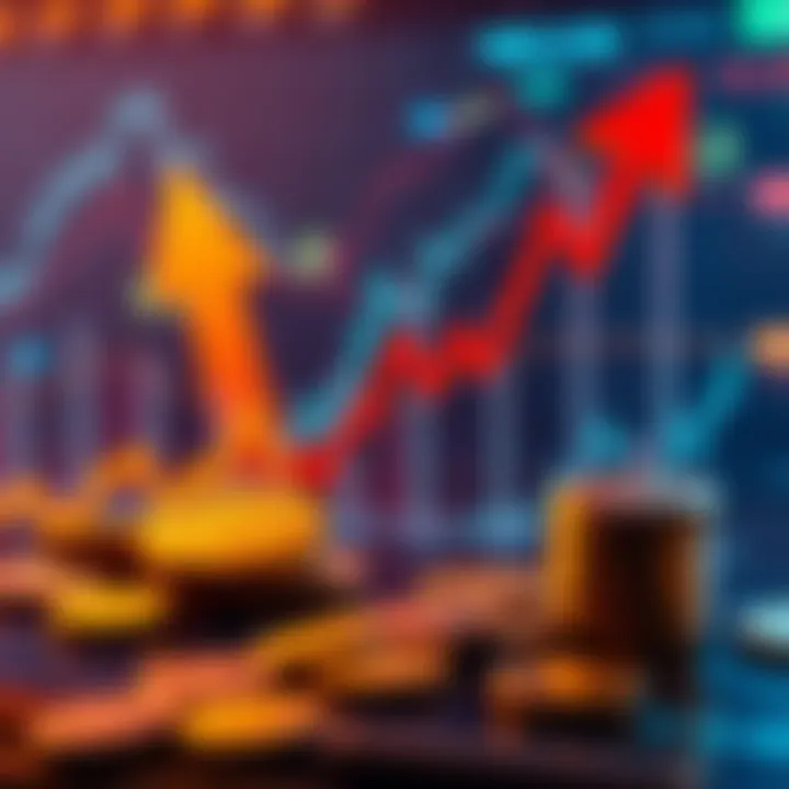 A chart showing the fluctuating value of Bitcoin with arrows indicating rising and falling trends, alongside dollar signs and coins to represent market dynamics.